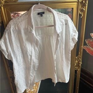 forCynthia White Polka Dot Textured Short Sleeve Button Down Shirt Womens Size L